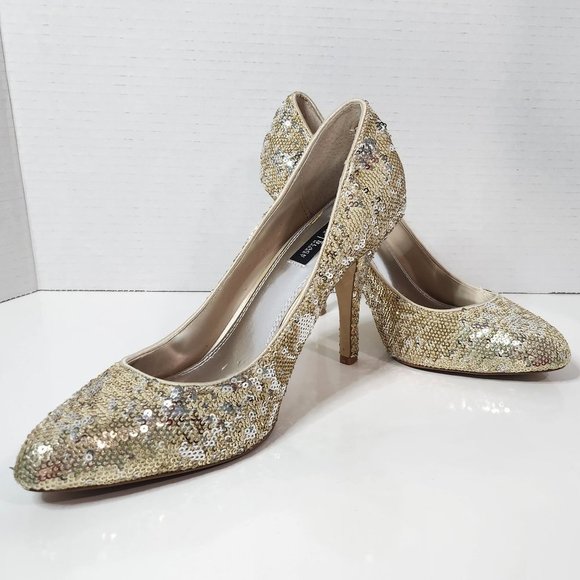White House Black Market Shoes - White House Black Market Gold Sequin Heels 9.5